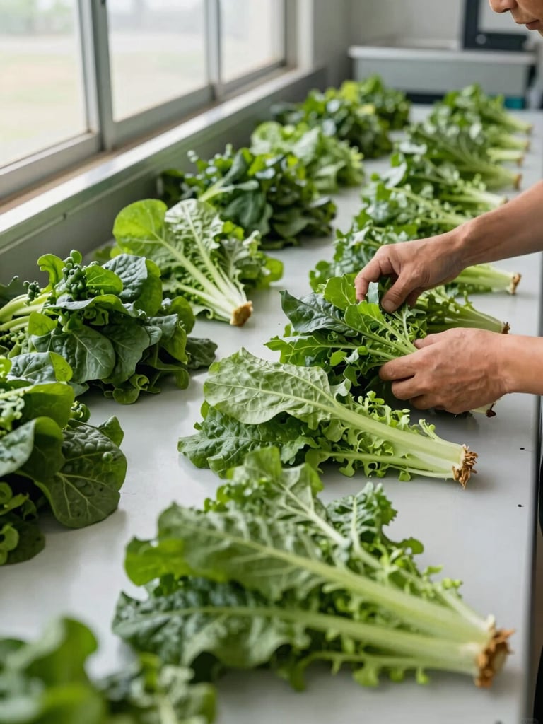 Wide overhead shot of a worker's hands sorting freshly harvested leafy greens on a clean sorting table inside a packing facility, natural overcast daylight streaming from high windows, rich dark green leaves against pale surface, emphasis on the organized system of inspection rather than the person