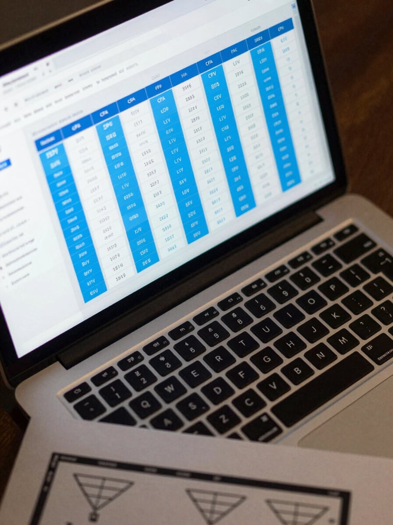 Close-up overhead shot of a laptop screen displaying a multi-tab analytics dashboard with CPA and LTV columns highlighted in electric blue, cool office fluorescent light raking across the keyboard, partial view of a printed funnel flowchart at the bottom edge of frame