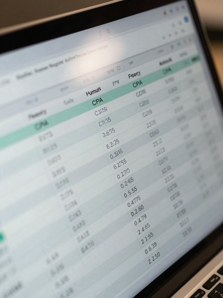 Extreme close-up of a laptop screen showing a multi-column acquisition funnel spreadsheet, rows of CPA and LTV figures visible, cool office fluorescent lighting reflecting off the screen surface, shot tight from above-left angle, numbers sharp and readable