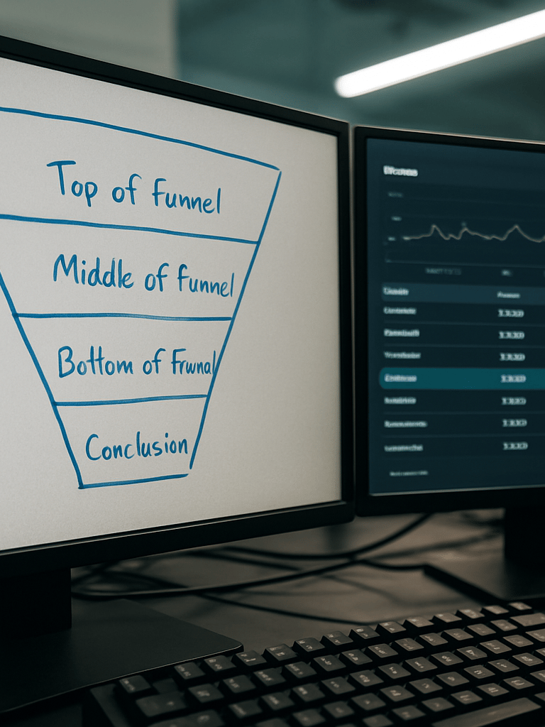 Close-up of a dual-monitor founder workstation, left screen filled with a dense acquisition funnel diagram annotated in blue marker lines, right screen showing a live ad-spend dashboard with cost-per-acquisition rows highlighted, cool office fluorescent light raking across the screens, cables and a mechanical keyboard visible at the bottom edge, no people
