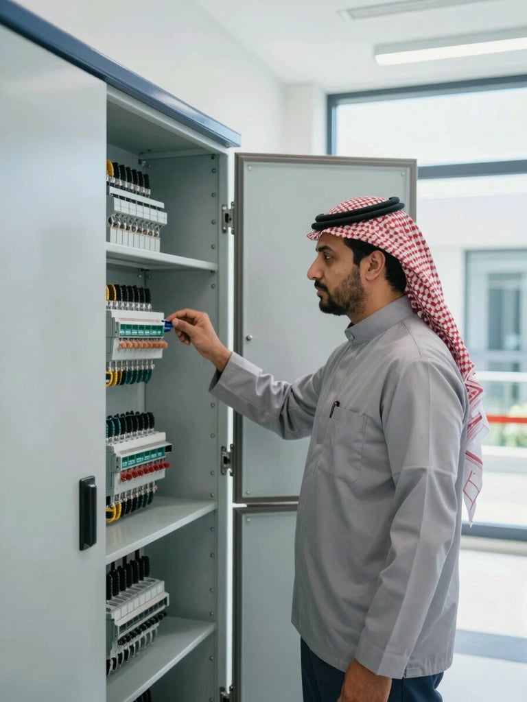 A professional Saudi MEP engineer in a clean branded uniform inspecting a modern, clean electrical control panel inside a luxury property, bright natural daylight mixed with cool indoor lighting, sharp focus, 35mm
