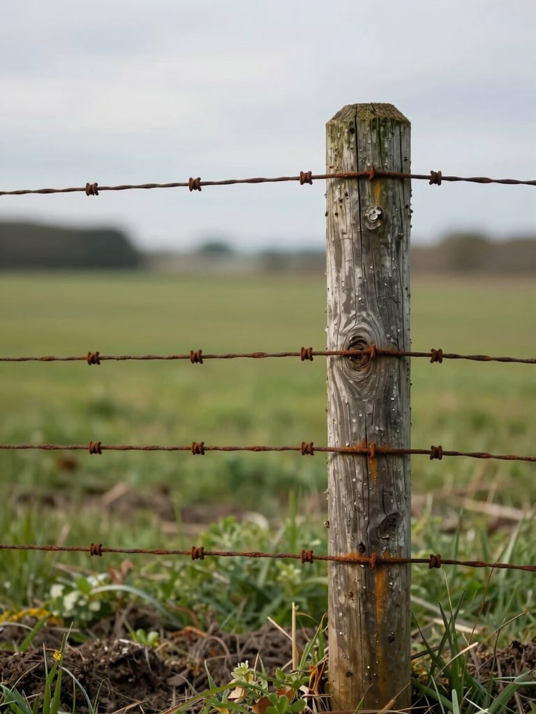 Close environmental frame, weathered wooden fence post with rusted wire in sharp foreground focus, managed pasture extending behind it under soft overcast light, soil visible at the base of the post, wide landscape context blurred in distance