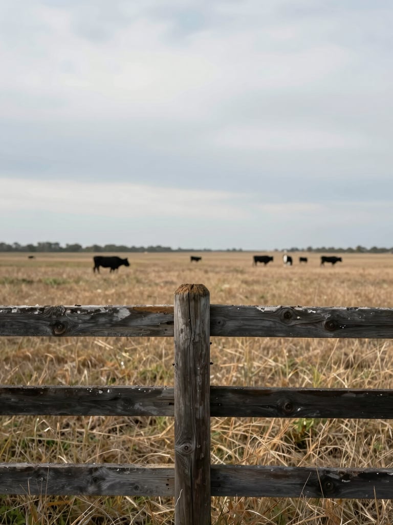 Wide portrait frame — weathered cedar fence post in sharp foreground, Texas pasture stretching behind it under flat overcast daylight, dry grass in mid-ground, cattle visible as dark shapes at distance, no sky drama, utilitarian and honest
