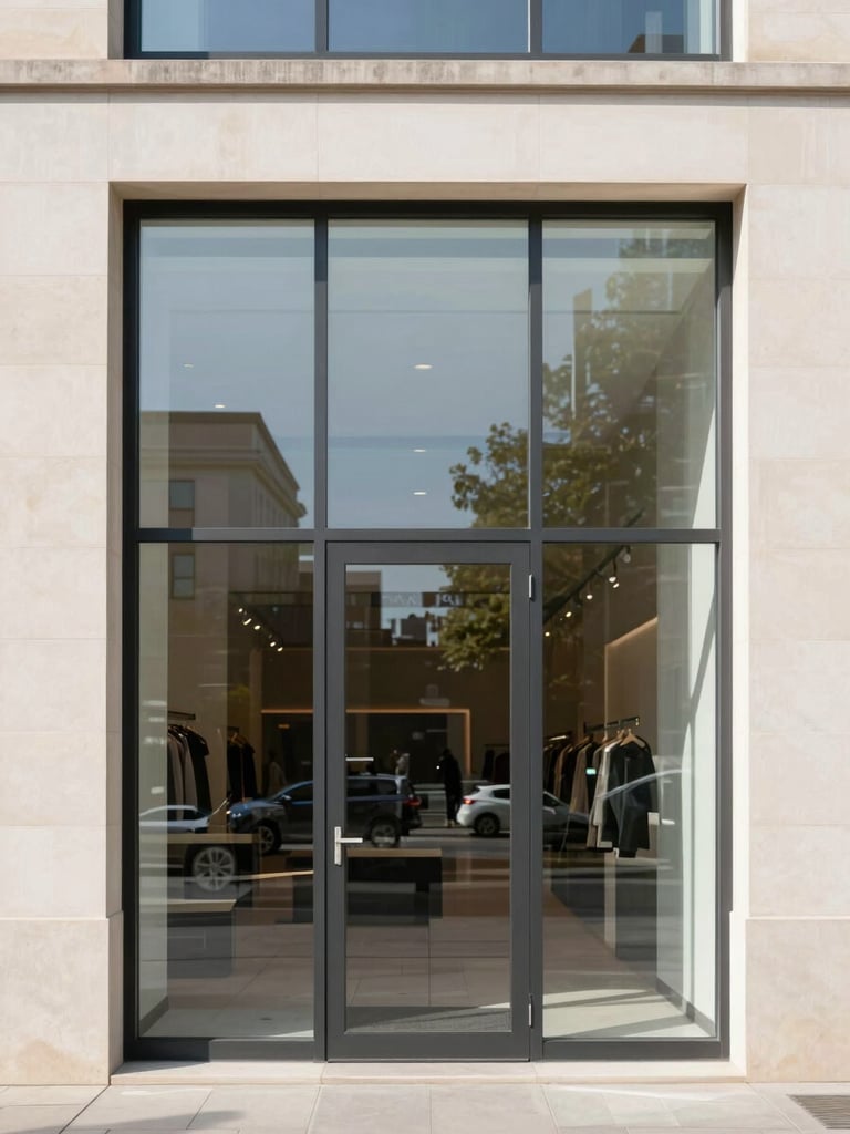 Straight-on architectural photography of a modern commercial storefront with clean glass reflections, bright natural daylight, neutral tones, sharp focus