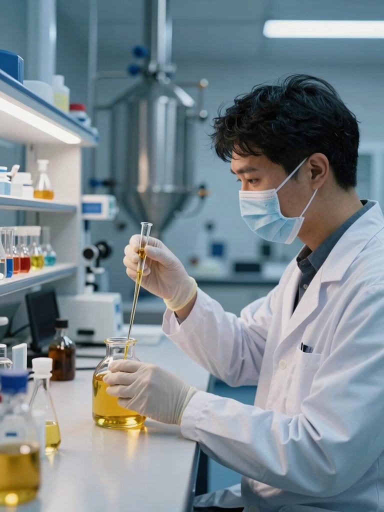 Modern industrial biorefinery laboratory, professional scientist analyzing golden oil viscosity in a cleanroom, cool blue tones with warm golden accents
