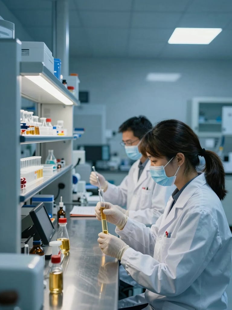 A clean modern industrial laboratory with stainless steel equipment, professional scientists analyzing golden liquid samples, cool petroleum blue lighting