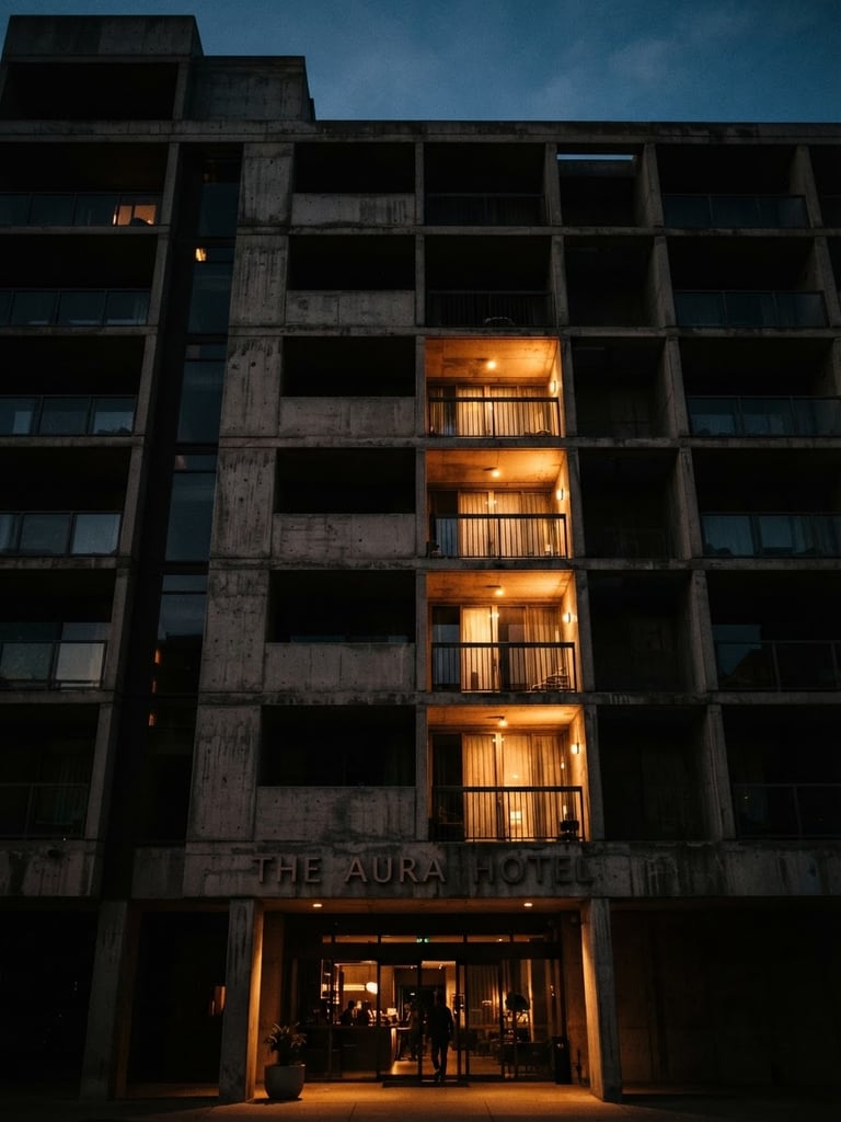 A tall portrait shot of a concrete hotel facade at twilight, warm amber light grazing raw concrete, dramatic high-contrast shadows, grainy film texture, 35mm lens