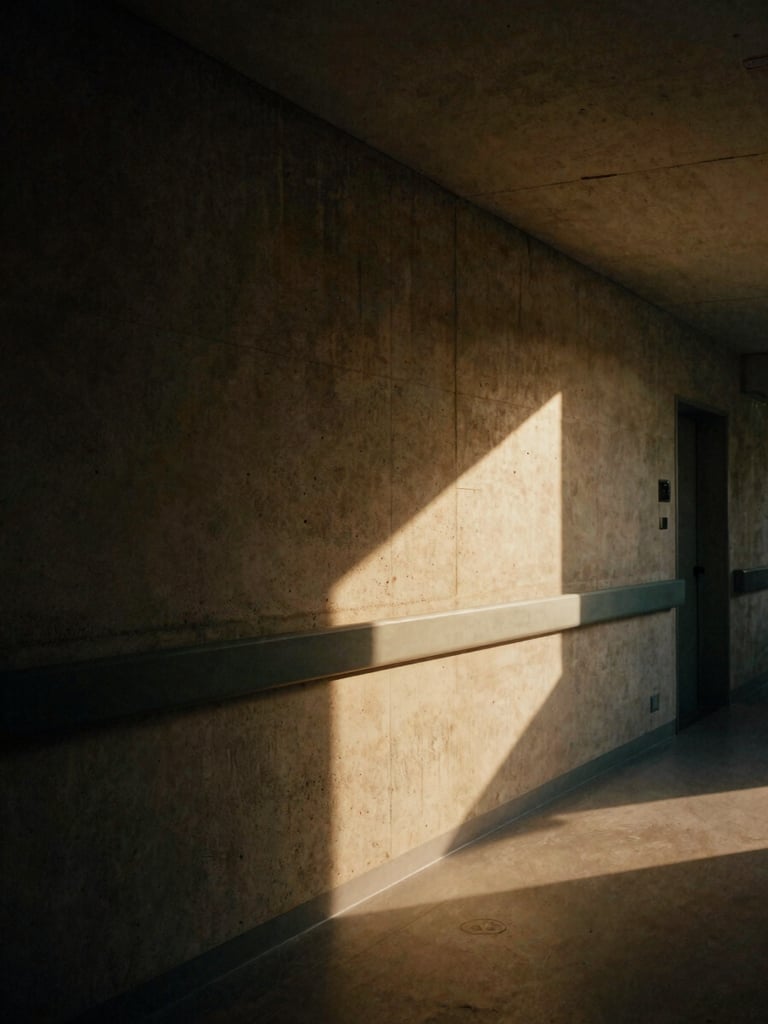 Moody architectural photography of a dark hospital corridor, soft indirect warm light, high-contrast shadows on textured concrete walls, grainy film texture