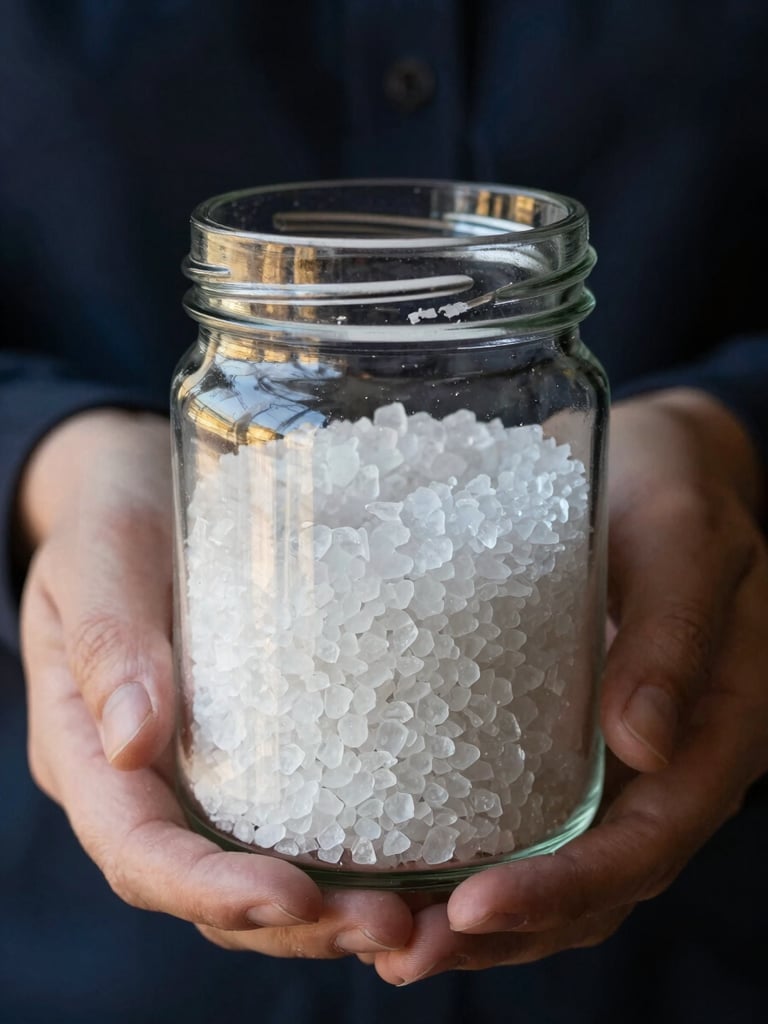 Close-up of hands holding a clear glass jar of pure white sea salt crystals, moody lighting, dark navy background, gold reflections.