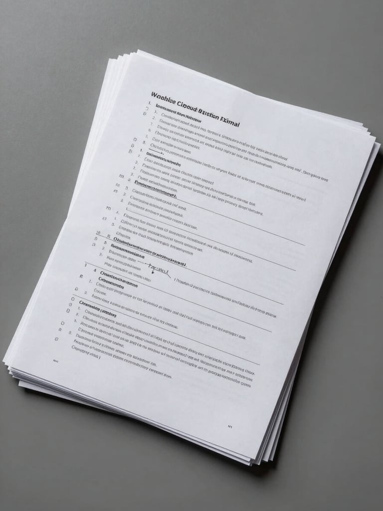 Overhead flat-lay of a corporate desk with printed message threads and decision logs consolidated into a single document stack, cool neutral studio light, tight crop showing document edges and annotation marks on white paper