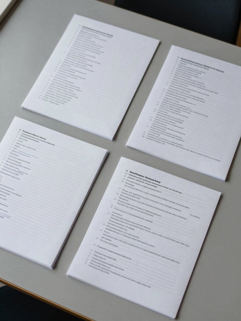 Overhead flat-lay of consolidated meeting notes and printed message threads on a clean slate grey desk surface, cool neutral studio lighting, tight crop showing overlapping document edges and sparse handwritten annotations