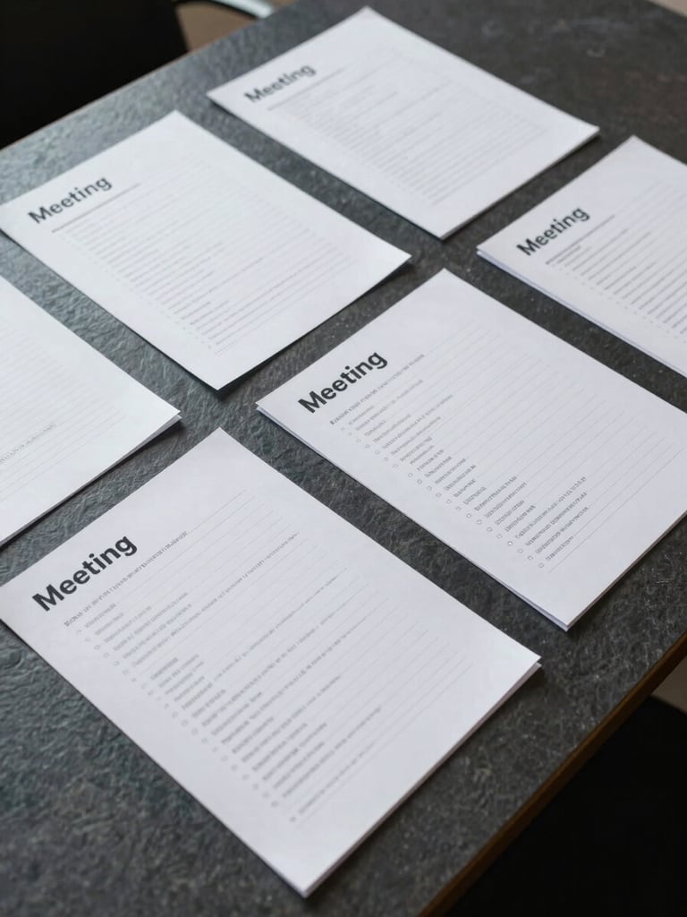 Overhead flat-lay of printed meeting notes and annotated documents spread across a dark slate conference table, neutral cool studio light, tight crop showing margin notes and prioritized line items, no people