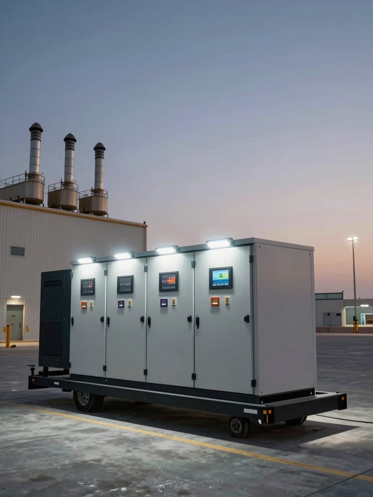 Wide environmental shot, a trailer-mounted load bank unit positioned on a UAE industrial site forecourt, overhead work lights illuminating the control panel fascia, generator exhaust stacks visible in the background mid-left, flat desert dusk sky to the right third