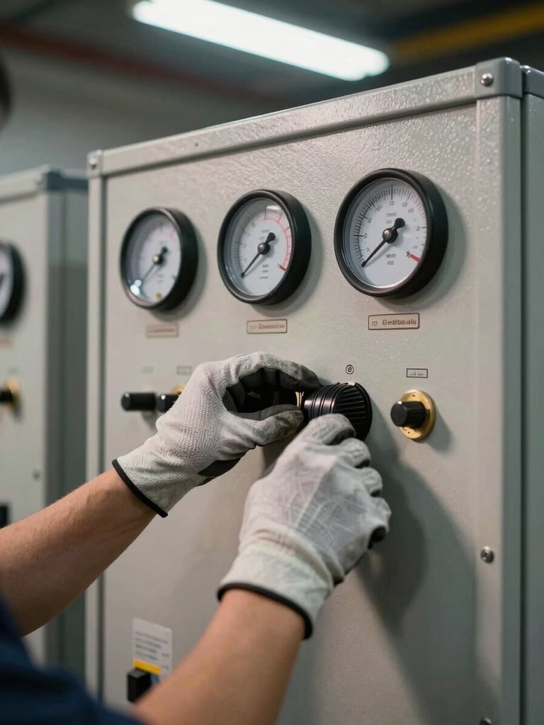 Tight mid-shot of a certified technician's gloved hands adjusting a load bank control panel dial, analogue gauges in the background showing kilowatt readings, overhead fluorescent work lighting casting sharp shadows across the steel fascia, industrial site context