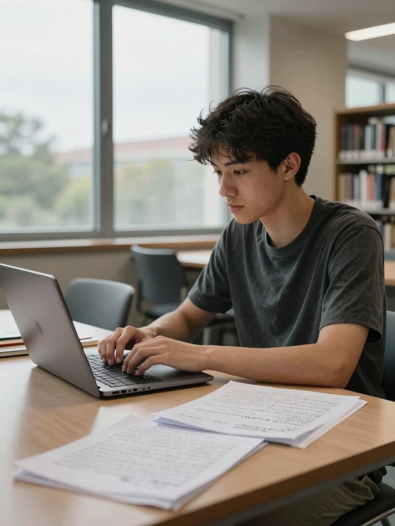 Medium shot of a student sitting at a library table with an open laptop and handwritten notes spread out, overcast daylight through tall windows, unhurried atmosphere