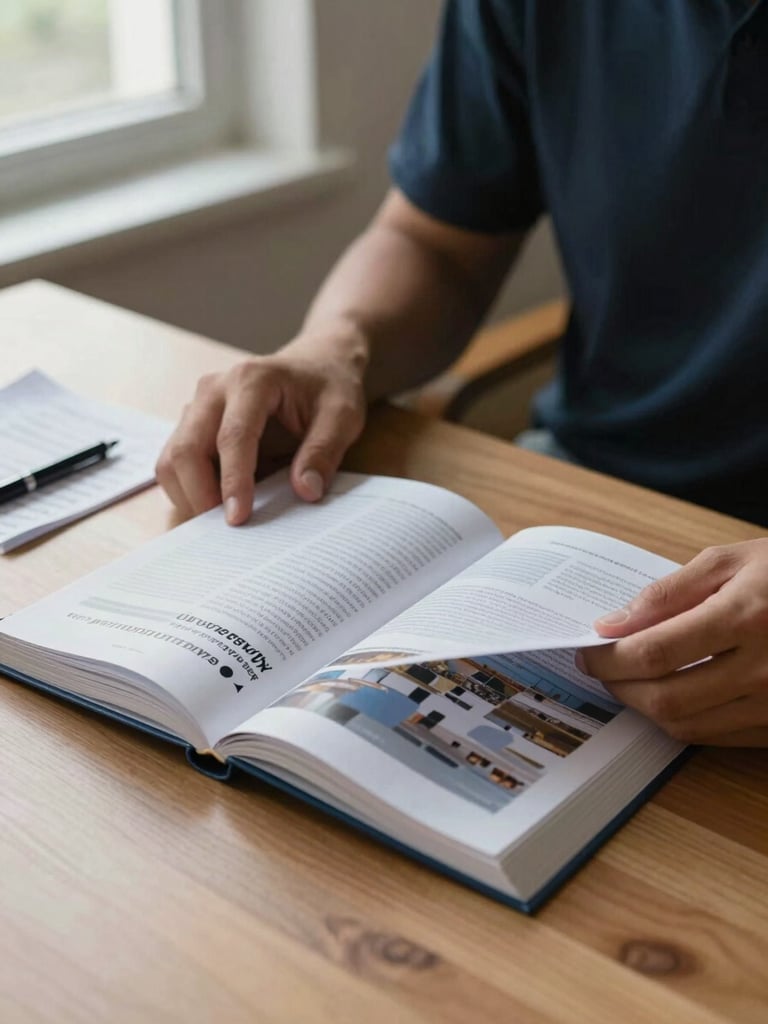 Close-up of a student's hands turning pages of a university prospectus on a wooden desk, natural diffused window light from the left, a pen and handwritten notes visible beside the booklet, quiet concentration
