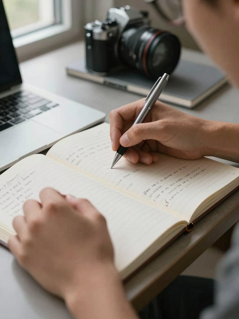 Close-up of a student's hands on an open notebook, pen resting mid-sentence on a page of organized notes, a laptop partially visible at the edge of the frame, natural window light from the left, quiet desk environment
