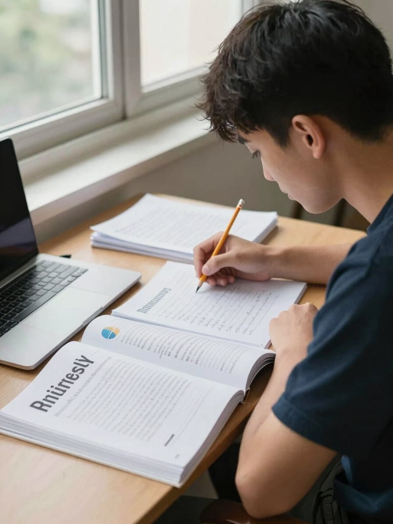 Medium shot from slight above, a student seated at a wooden desk by a window, natural diffuse daylight, working through handwritten notes and a printed university guidebook, pencil in hand, quiet concentration, no clutter except papers and a closed laptop