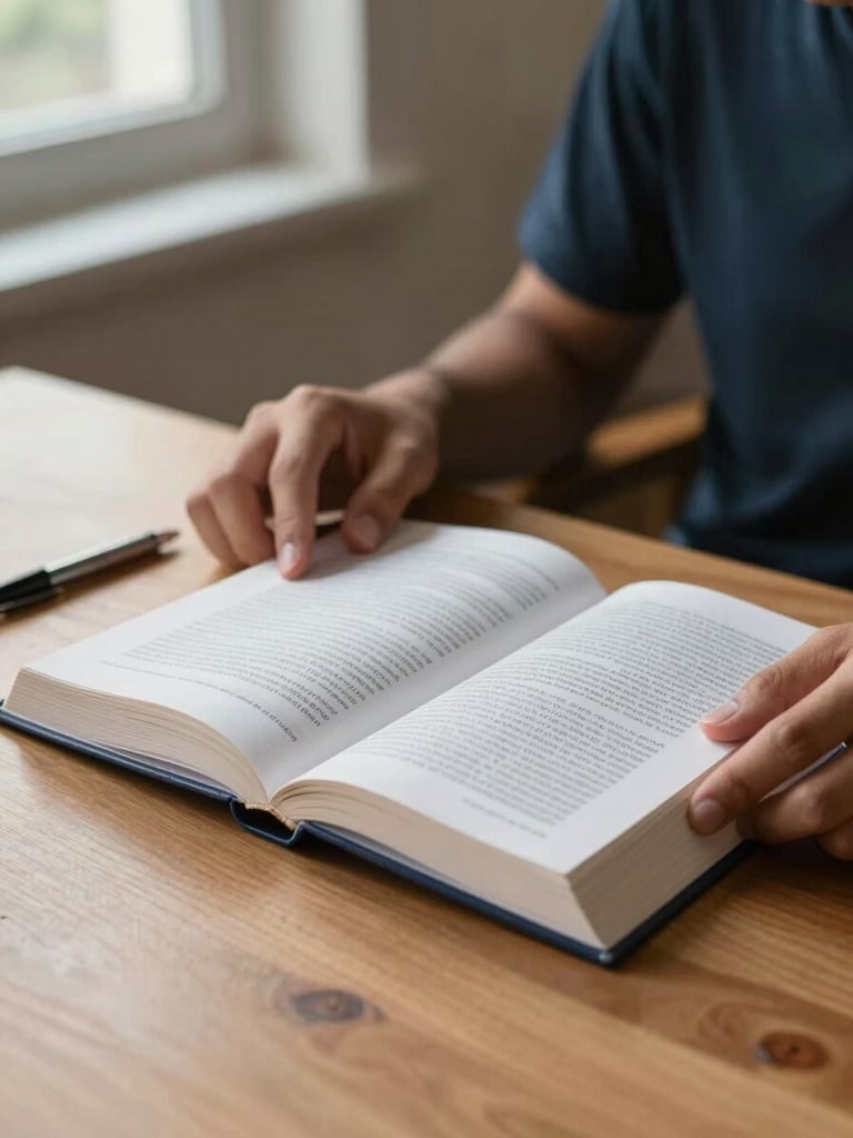 Close-up of a student's hands turning pages of a university guidebook on a wooden desk, natural window light from the left, pen resting nearby, quiet concentration