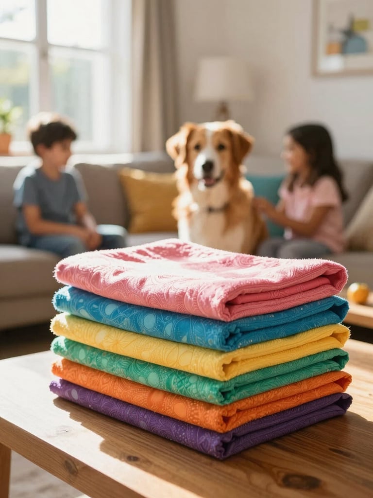 A cozy family living room in Celaya with colorful fabrics stacked on a table, warm sunbeams streaming through the window, cheerful atmosphere