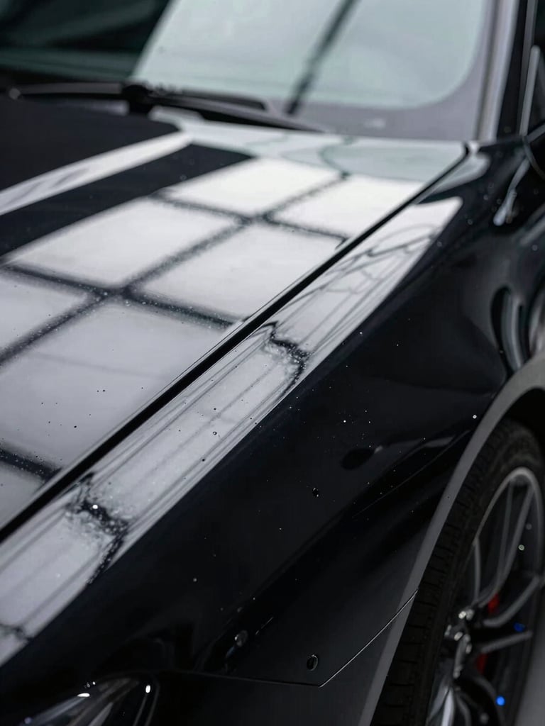 Extreme close-up of a flawless black sports car fender under bright white LED inspection grids, sharp silver reflections, high contrast chiaroscuro.