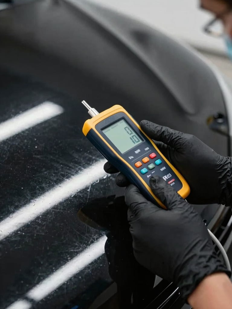 Extreme close-up of a technician in black nitrile gloves holding a digital paint depth gauge against a flawless black ceramic-coated car body, bright white LED grid lines reflecting perfectly on the surface.
