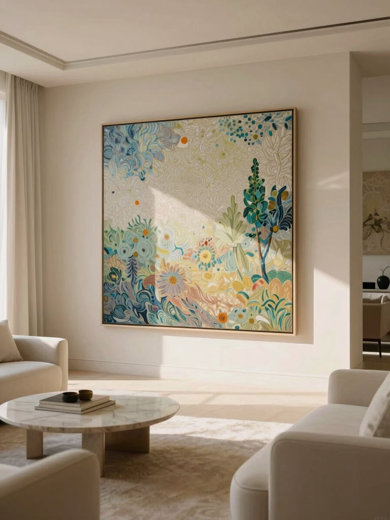 A grand-scale pointillist canvas hung in a sun-drenched, minimalist luxury living room with high-end furniture, soft natural afternoon sunlight casting long shadows, warm alabaster tones, medium format film