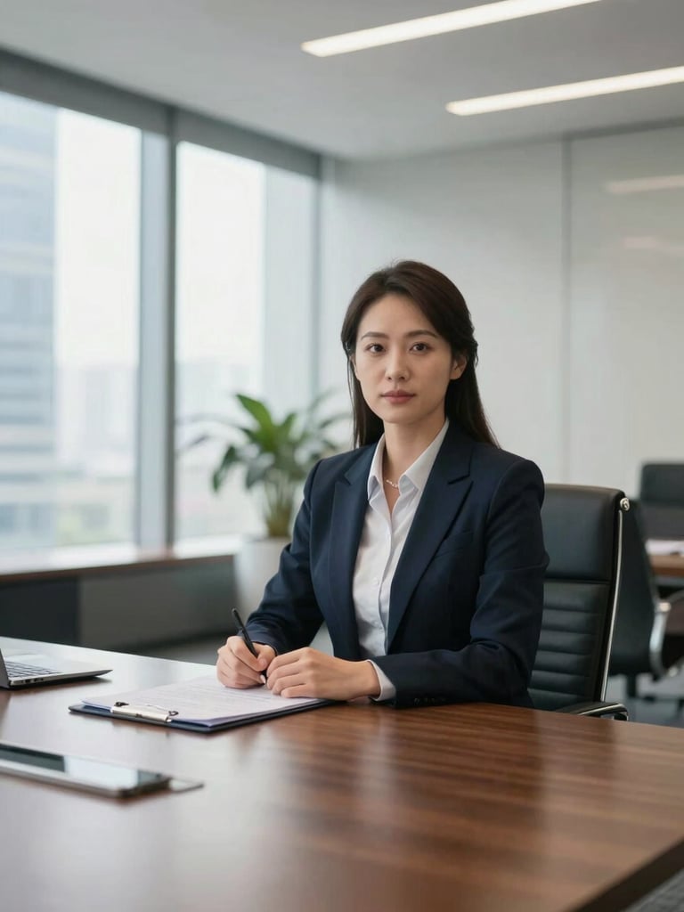 Professional real estate advisor in a sleek corporate boardroom, natural daylight, sophisticated atmosphere, architectural background