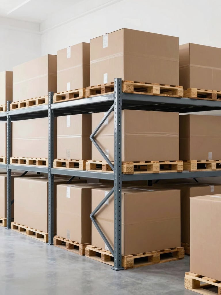 A clean, highly organized modern logistics warehouse with structured shelving, soft neutral daylight, and secure cardboard packaging pallets.