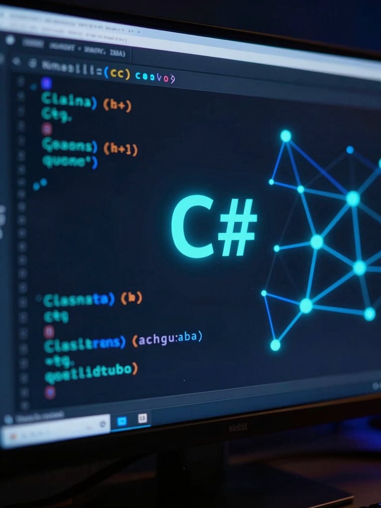 Macro close-up of clean C# code on a high-resolution monitor in a dark developer environment, glowing cyan and deep blue neon accents, cinematic lighting, octane render