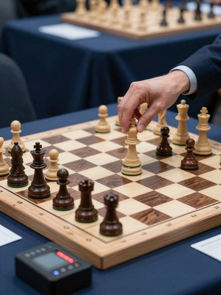 Wide overhead view of a tournament chess board mid-game, a hand hovering over a queen piece, digital clock glowing in the foreground, navy tournament hall visible in shallow background focus