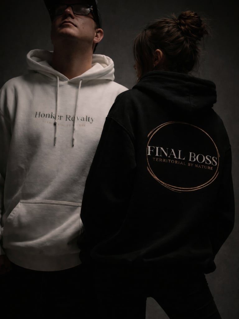 a man and woman wearing Honker Royalty OG First Snow Fall Hoodie and The Final Boss Hoodie