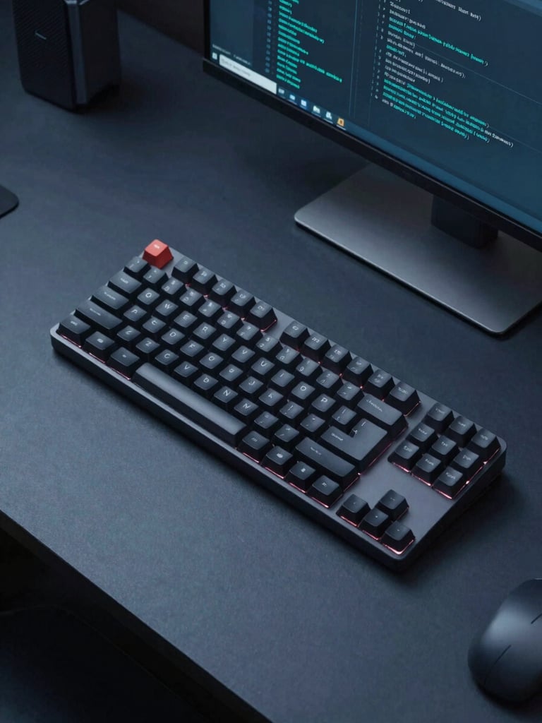Minimalist top-down workspace setup, sleek developer desk with mechanical keyboard and code editor visible, moody teal highlights, 35mm