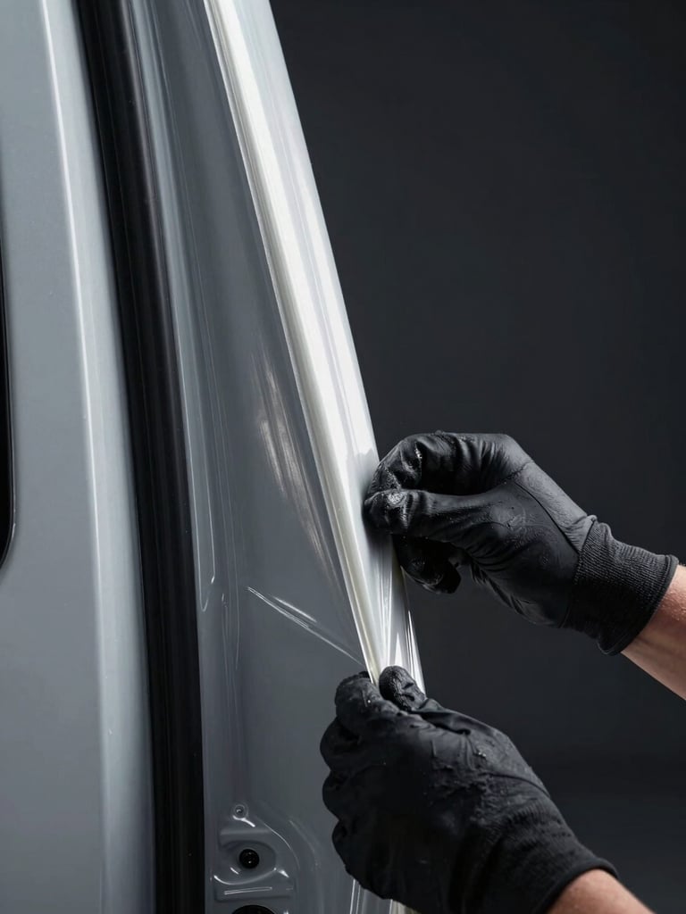 Extreme close-up cinematic shot of a technician's gloved hands smoothing wrap film over a van door panel edge in a controlled studio bay, cold studio strobe lighting raking the surface to reveal the film texture and precise application line, deep charcoal background, no face visible, composition tight on hands and surface