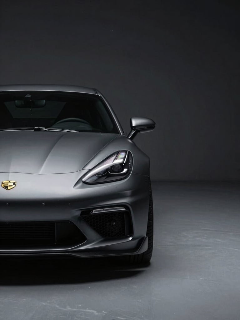 Wide cinematic studio shot, a matte charcoal-wrapped performance coupe fills the left frame edge, shot from a low 45-degree front-quarter angle under controlled strobe lighting, the wrap surface showing subtle texture and precise panel edges, deep shadow behind the vehicle fading to near-black, minimal reflective studio floor below