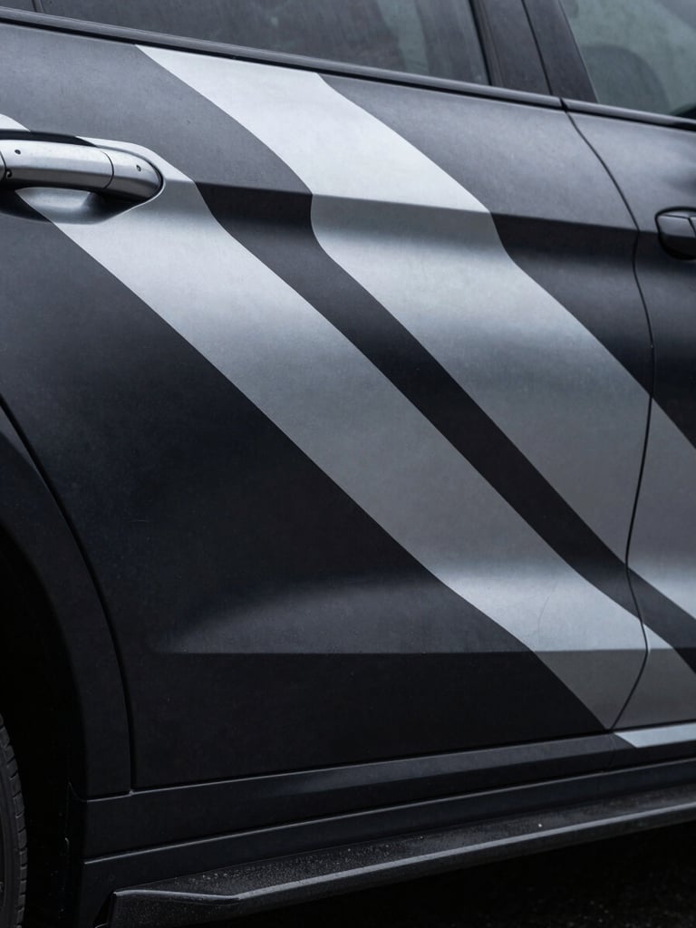 Extreme close-up, wide cinematic frame — a bold custom graphic livery wrapping the door panel and fender of a dark vehicle, shot in controlled studio strobe light. The graphic lines slice across the panel at precise geometric angles, revealing the surface contour beneath. Cold silver and white ink on a near-black body. Framing is tight right-side bleed with the graphic detail dominating the right two-thirds of the frame. No people, no text, no background distractions — only sculpted surface.