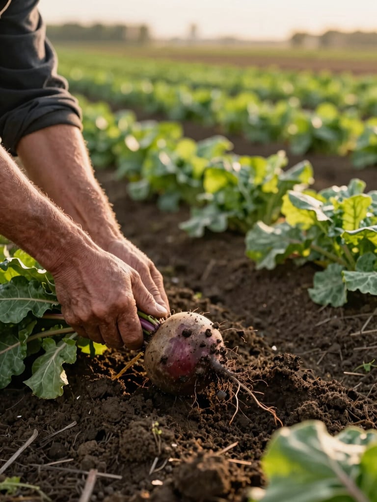 Wide panoramic frame, left-edge bleed: a farmer's hands pulling a beet from dark, damp soil at golden-hour light, earth clinging to the root, foreground in sharp focus, background rows of green leafy crops blurring into soft distance, north-facing natural light raking across the scene