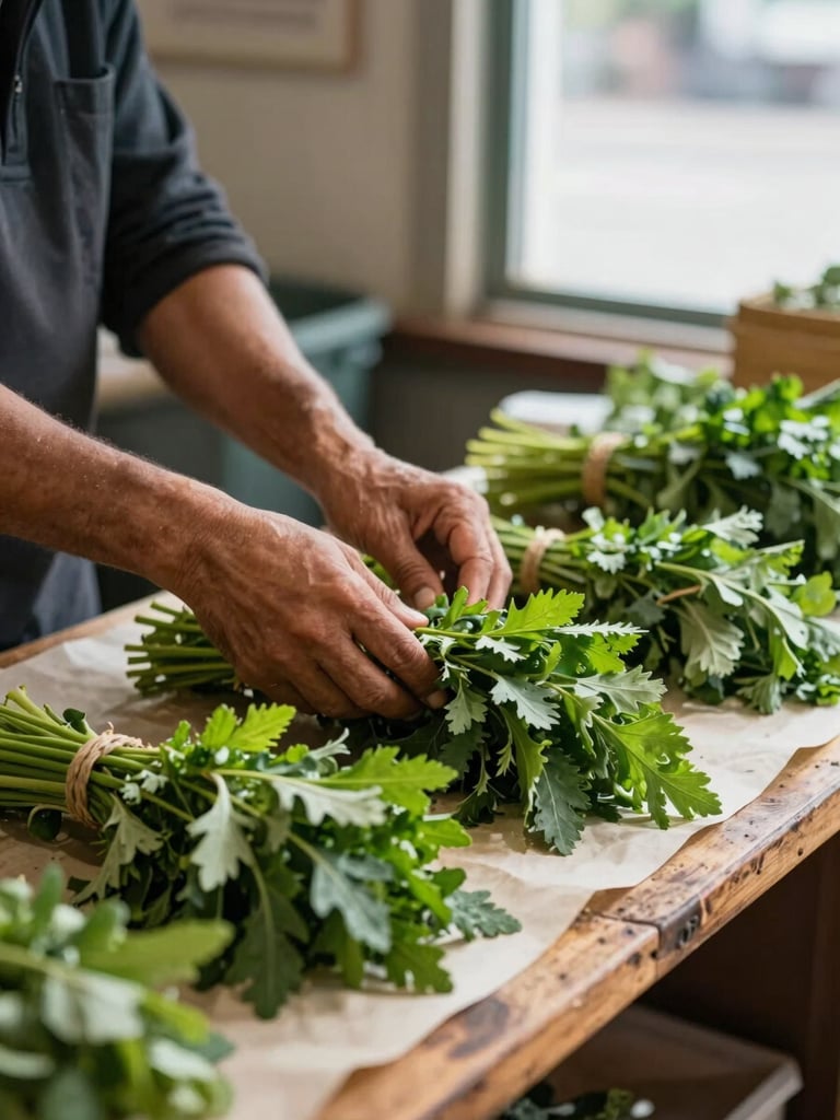 Close portrait frame: a vendor's hands arranging bundles of fresh herbs on a worn wooden market counter under soft north-facing window light, dark green leaves against pale parchment paper, single stall in background softly out of focus
