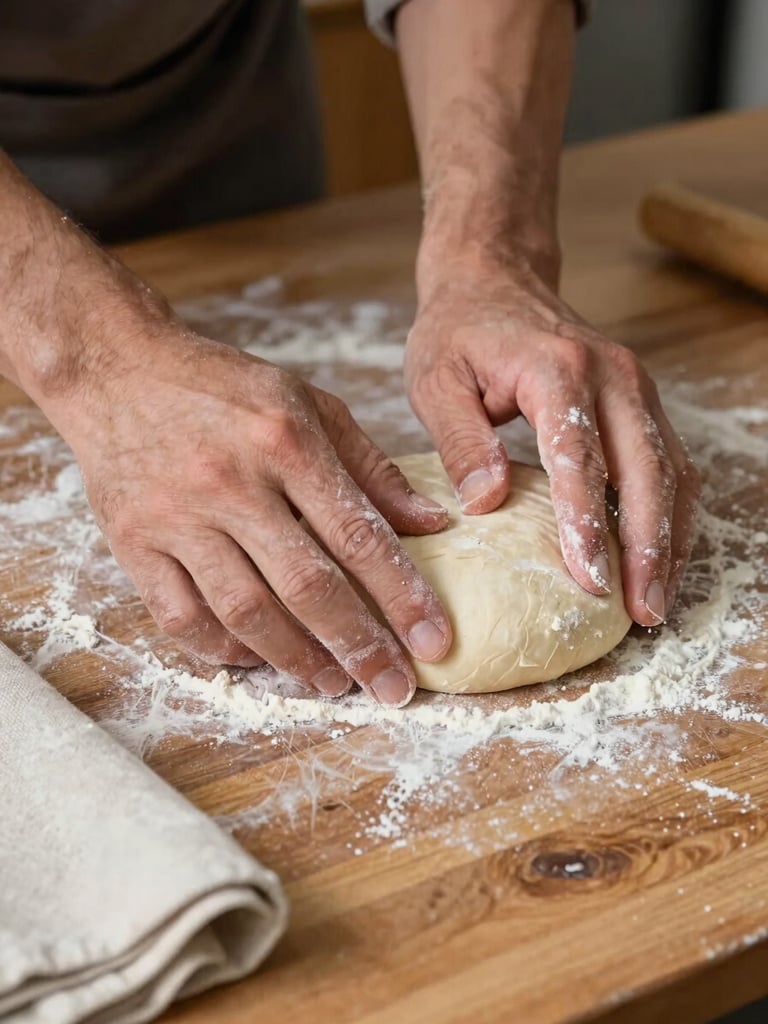 Close-up of a cook's hands pressing dough flat on a worn wooden counter, north-facing daylight falling across the surface, flour dusted on fingertips and scattered on the wood, a single linen cloth folded at the edge of frame — intimate, unhurried, no face visible