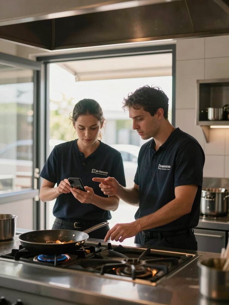 Close environmental wide shot: two agency team members standing behind an open restaurant kitchen pass, one holding a smartphone reviewing footage, the other gesturing toward a pan on the stove, kitchen door open behind them, late-afternoon window light, no posed smiles, natural candid moment