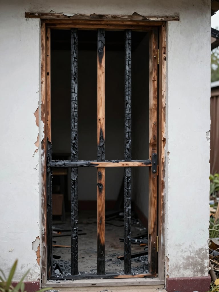 Close-up of a fire-damaged residential doorway, charred wood framing and peeling paint visible under natural overcast daylight, ash residue on the threshold, the interior dark and indistinct beyond