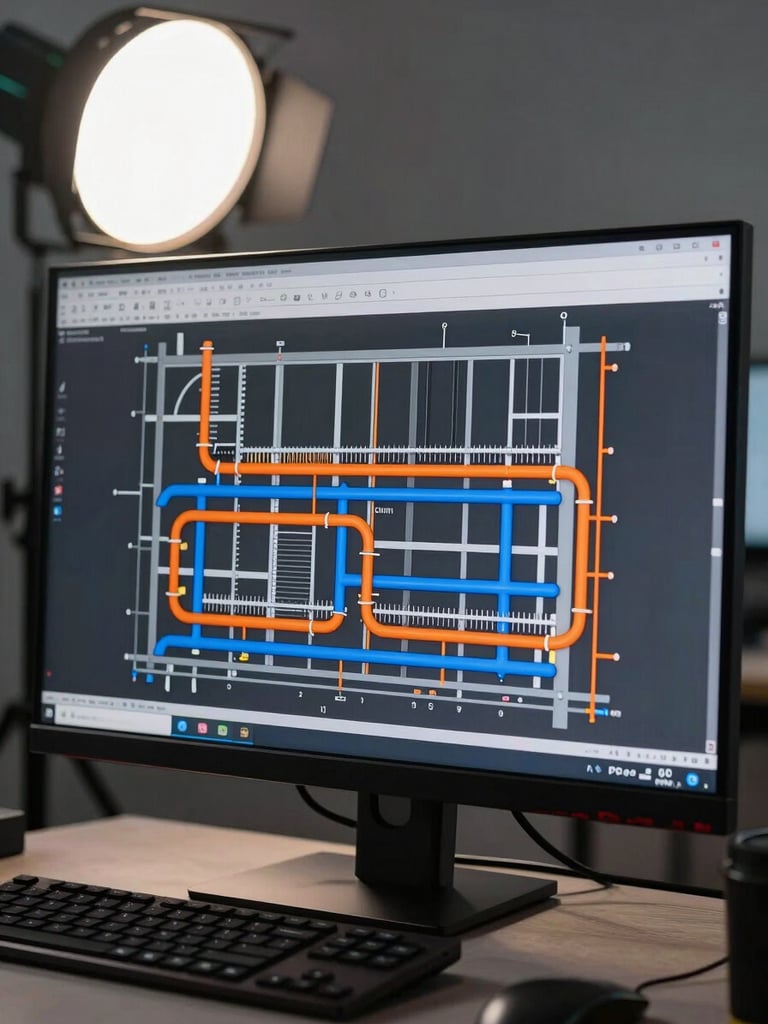 Tight close-up of a dual-monitor workstation displaying intersecting BIM coordination layers — electrical conduits in orange, hydraulic pipes in blue, structure in grey — studio strobe light, sharp and clinical, no reflection glare