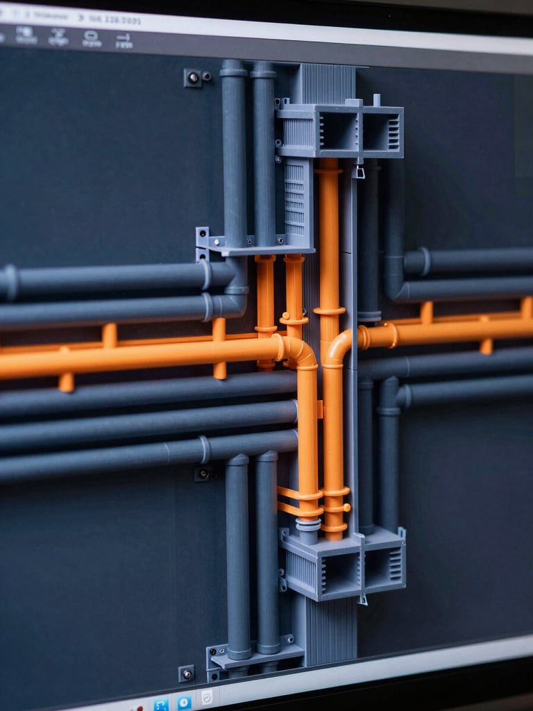 Tight close-up of a BIM coordination model showing electrical conduit routing resolved against hydraulic and structural elements in a 3D section view, cool studio lighting, dark blue and grey model geometry with orange highlighted clash-resolved intersections, monitor glow as the only warm light source