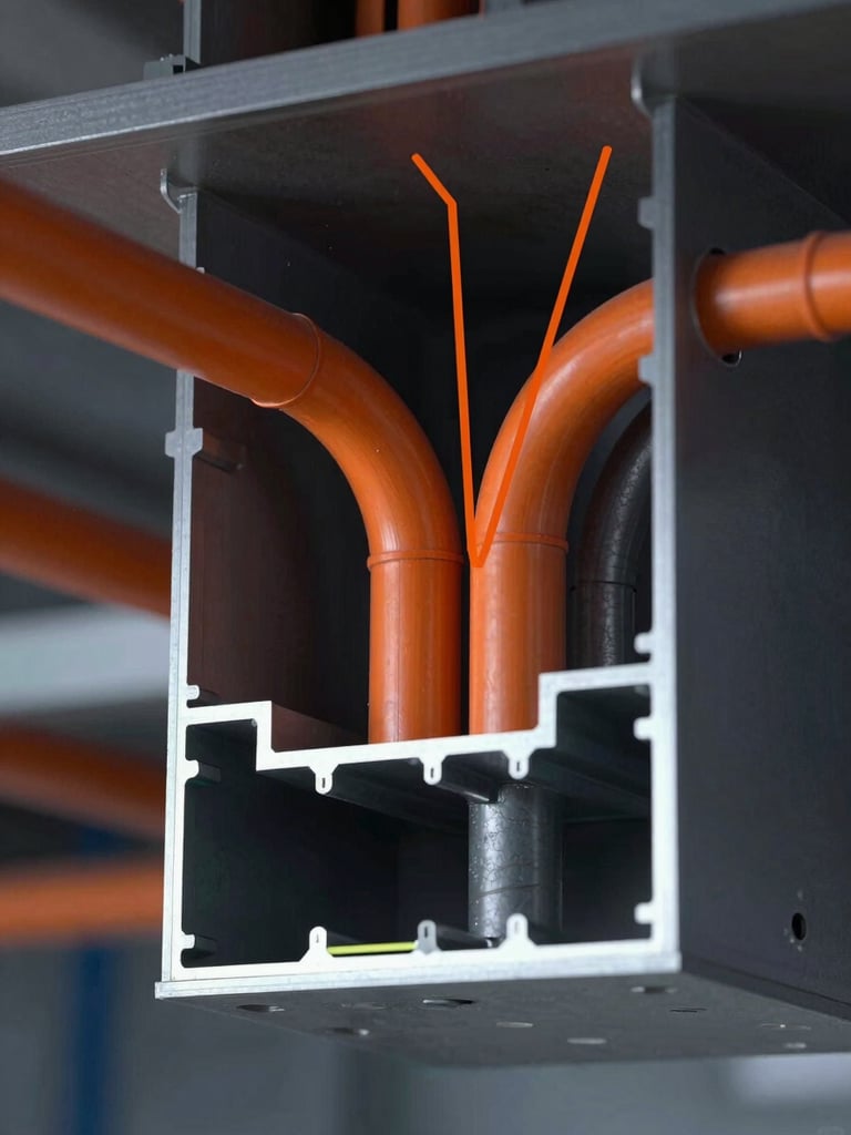 Close-up tight framing of a BIM model cross-section showing electrical conduits and hydraulic pipes intersecting in a ceiling plenum, conflict markers highlighted in orange, dark studio lighting with cool north-facing fill, rendered on a high-resolution display