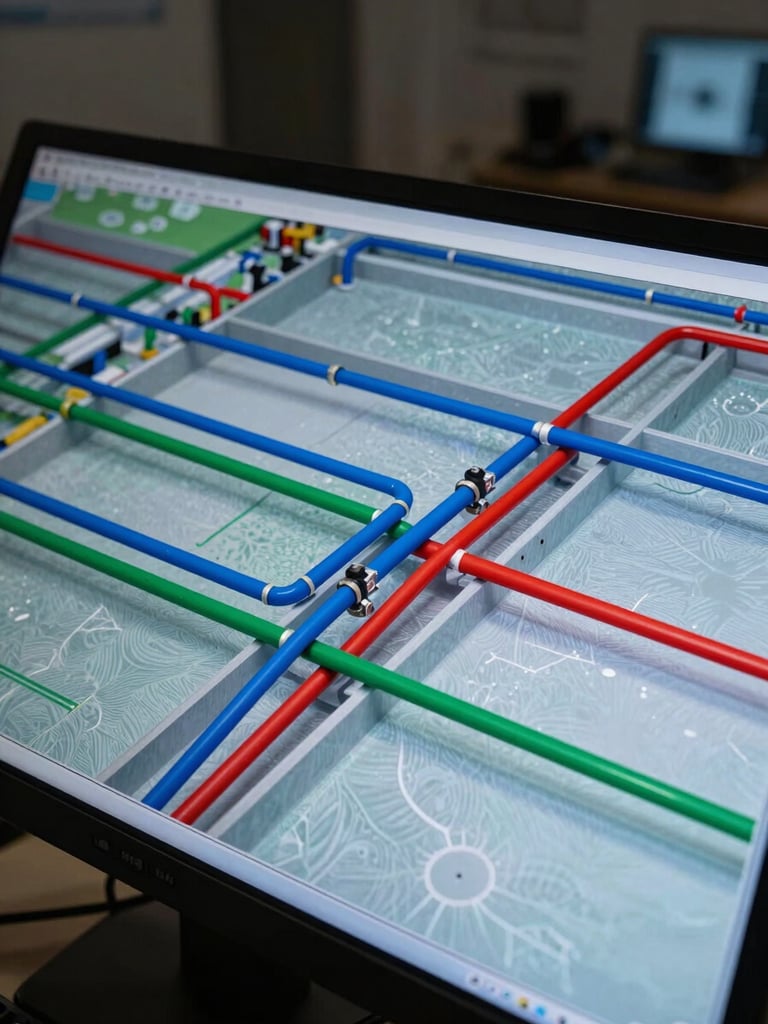 Close-up wide frame of a BIM coordination model showing color-coded hydraulic pipe systems — blue water supply, green drainage, red fire suppression — intersecting with structural slabs, viewed on a large monitor in a darkened technical studio, cool screen light, tight framing on the pipe routing intersections