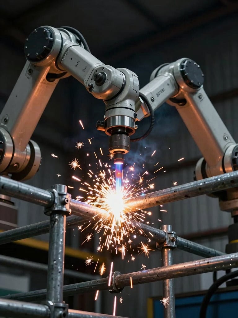 Low-angle shot of a heavy robotic welding arm fusing thick steel scaffolding couplers, bright orange sparks flying against a dark industrial background
