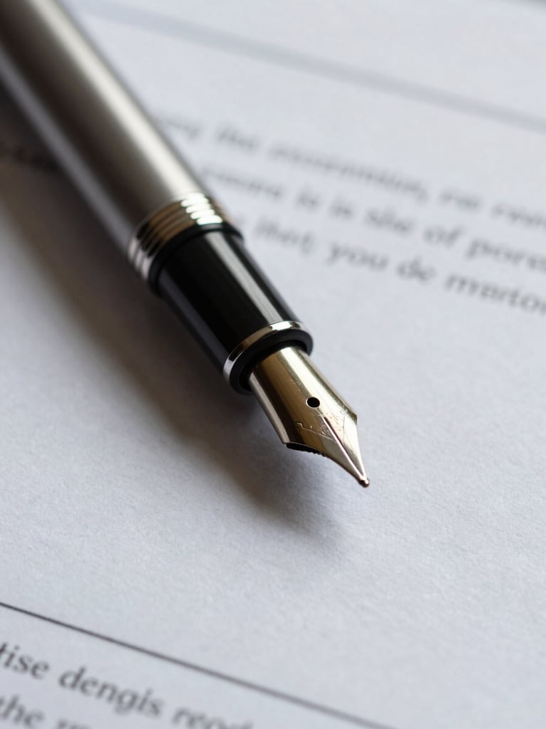 Macro close-up of a fountain pen resting on a heavy-textured corporate contract, soft directional side-light, deep shadows, professional and sophisticated atmosphere.