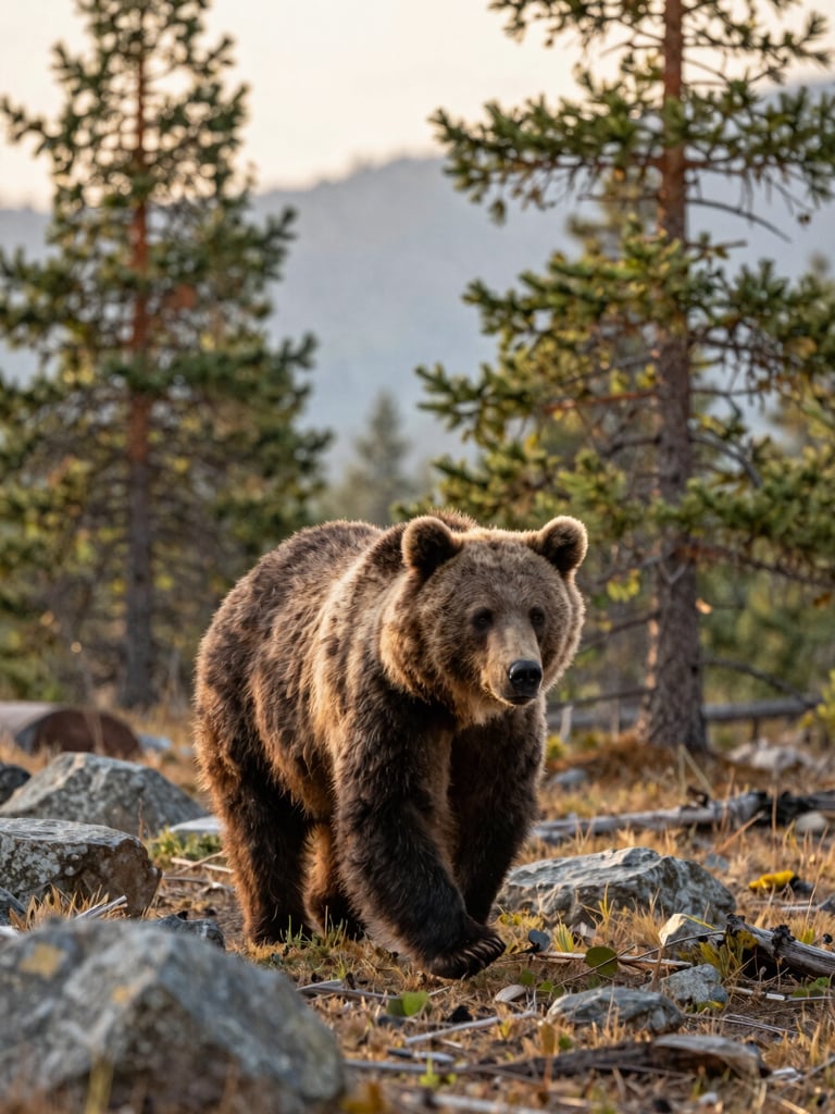 A brown bear walking through a sun-dappled mountain clearing surrounded by tall pine trees, soft morning glow, natural wood tones, warm editorial photography, 35mm.
