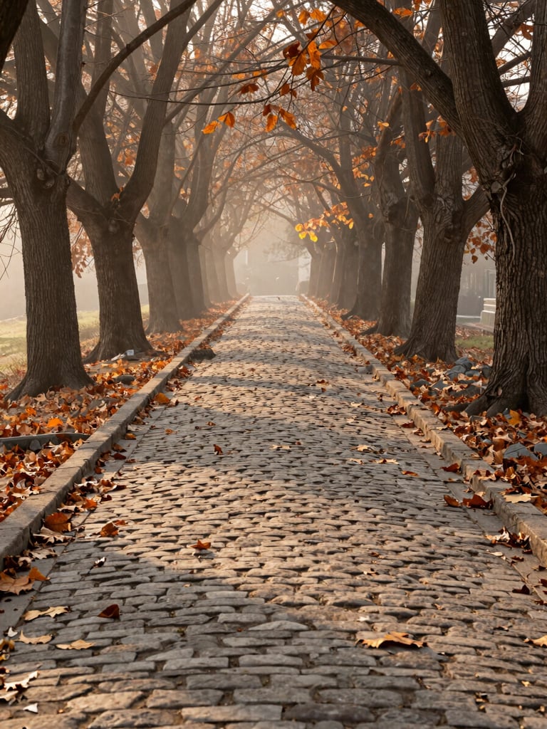 Narrow cobblestone pathway in Nymfaio, dry autumn leaves scattered on the stone, ancient beech trees framing the path under soft misty light