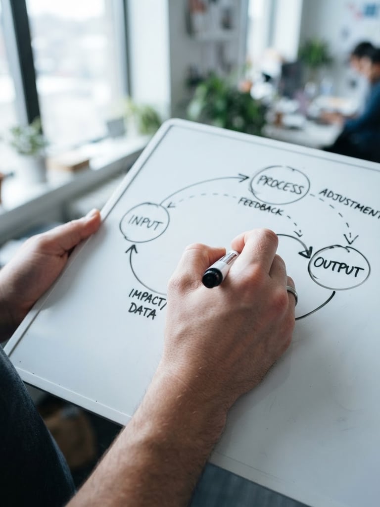 Macro shot of hands drawing a feedback loop diagram on a clean white board, bright natural daylight, high-contrast cool tones, candid workspace